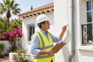 Home inspector checking a house exterior wall and roof during a buyer’s property inspection