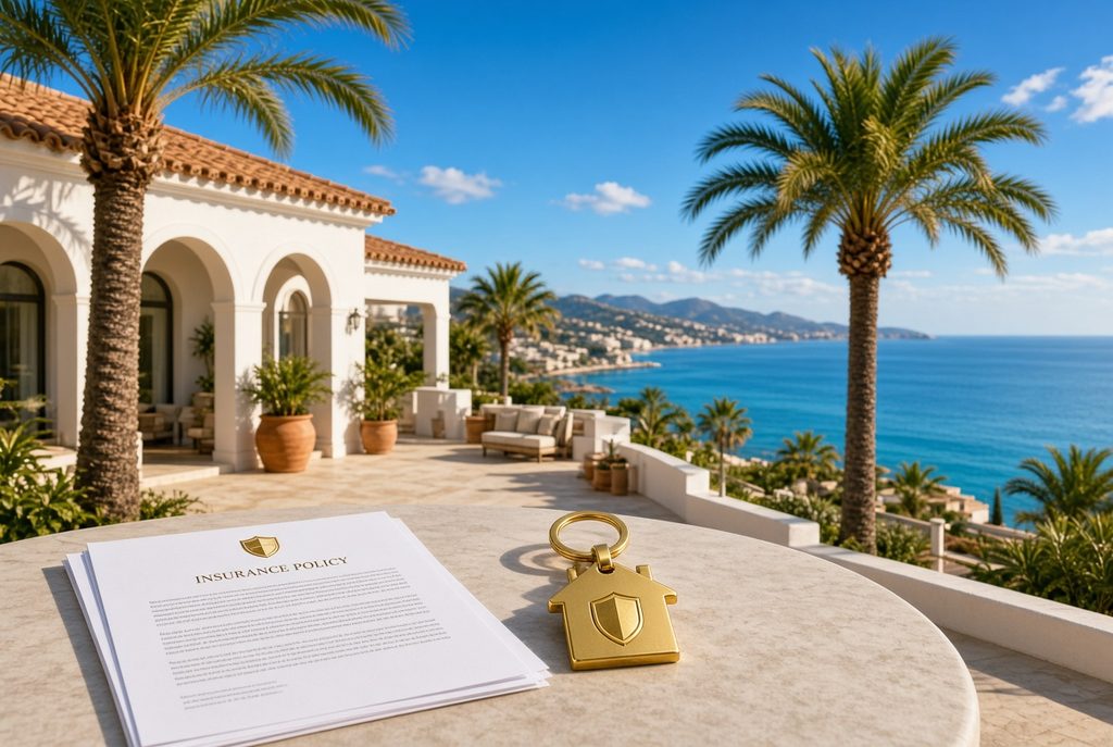 Insurance document located on a table overlooking the Mediterranean sea with detached villa and palm trees 